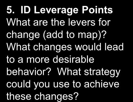 In any case, it is a causal hypothesis about system behavior. 5. ID Leverage Points What are the levers for change (add to map)?