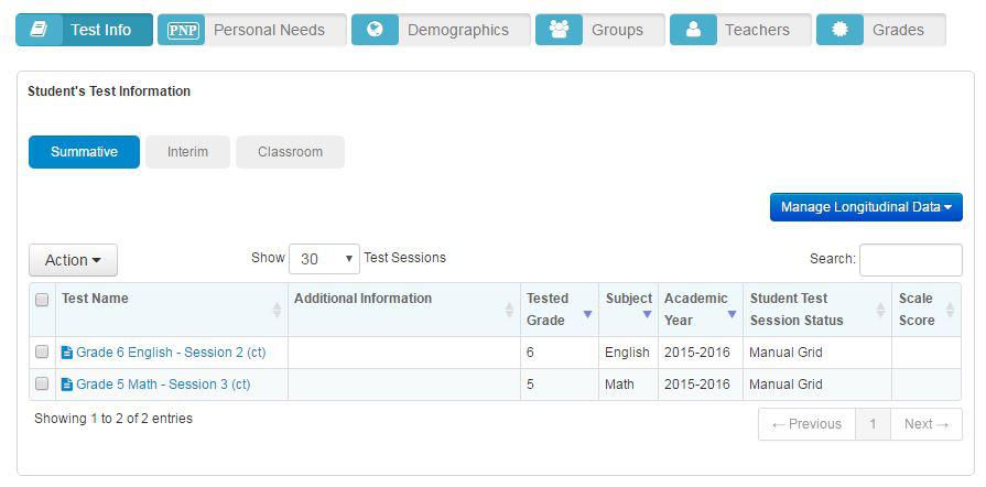 sessions to remove or close them prior to transfer, you may go to the student s profile and choose the Test Info tab.