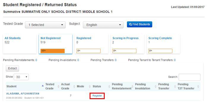 STEP 11. ADMINISTER THE TEST (CBT ONLY) Assessment Administration 6. Click the blue Register link in the far right column to register any unregistered students directly to a relevant test session.