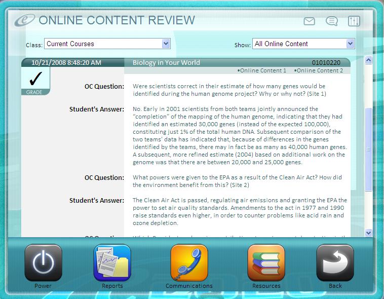 Online Content Review: Allows you to see all Online Content questions and the answers you provided for each class in