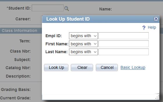 A drop down menu will appear with five reasons for the grade change. If Other is selected another field with Specify Reason will appear below, this field must be completed. Enter the Student ID.