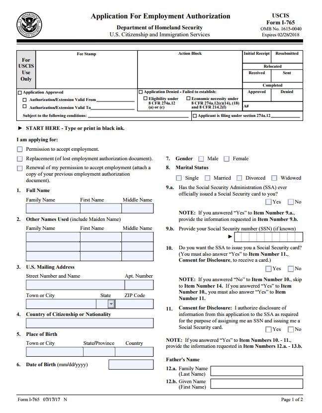 Page 1 I-765 Form: How to Complete