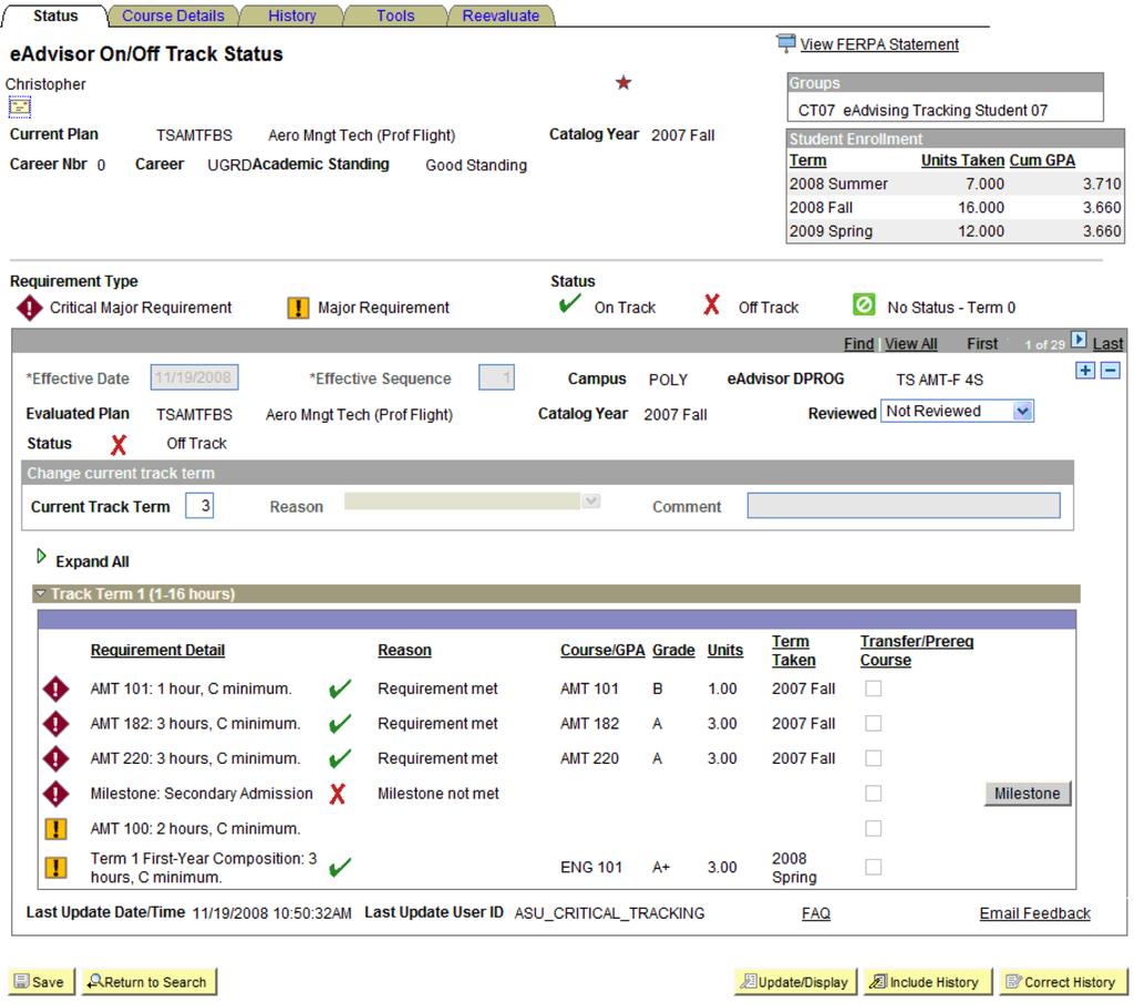 Status Tab This is the eadvisor On/Off Track Status critical tracking screen. Numbered notes are on the next page.