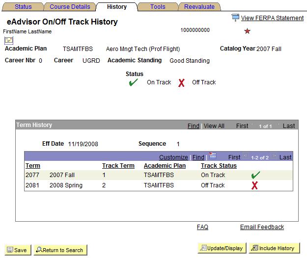 Review the On/Off Track History of a Student You can see the history of the student by term from the History tab.