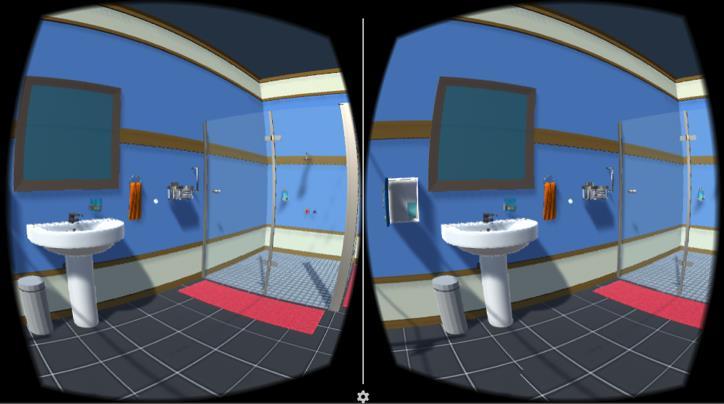 The VR application contains three educational settings - bedroom, bathroom, and kitchen. Each includes a Finding risks scene and an Ideal design scene.