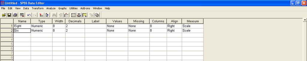 Step 1: Under the Variable View tab in SPSS, using the first two boxes in the first two rows, we need to enter a name for our two variables.