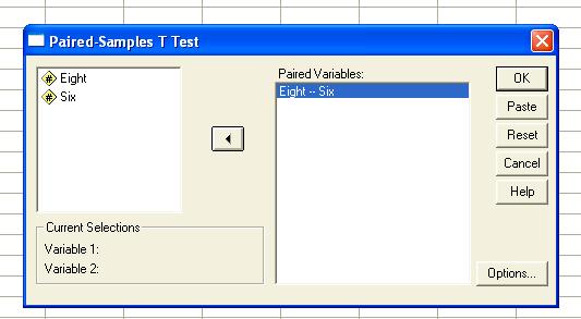Step 8: Click Options and enter your desired confidence level. Step 9: Click Continue Step 10: Click OK Step 12: View and interpret your output. Paired Samples Statistics Pair 1 Eight Six Std.