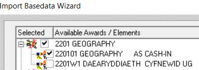 If this basedata was imported into Examinations Organiser in full or not restructured, then the basedata in Examinations Organiser would consist of six Geography awards, each with one child element: