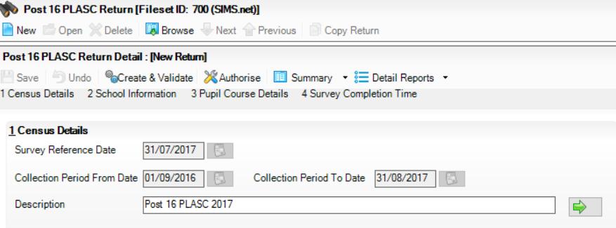 2. Click New, check the Census Details panel and then click green arrow to display the School Information panel.