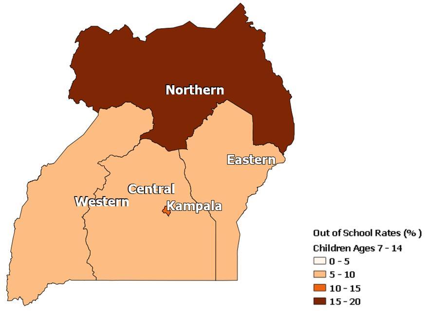 Uganda Out of School Children of the Population Ages 7-14 Comparison of Rates of Out of School Children Ages 7-14 across Uganda Exact estimated rates and s for estimates are provided later in the