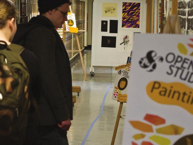 The Open Studio event is a joint effort created by Art & Design majors and student groups, including the Student Design Organization, Student Photographic Cooperative, Media Arts Club, Mud Guild, Art