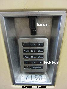 To retrieve your belongings: Find your locker. Punch in letter C and your combination followed by the lock key. You should hear two beeps that is a (good) signal that the locker is unlocked.