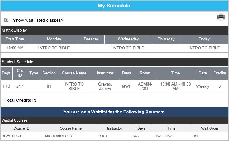 Students may elect to display waitlisted courses for both the web page and the printer-friendly page. Place a check next to Show wait-listed classes?