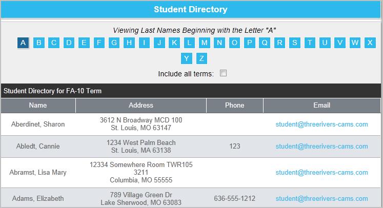 Student Directory The student directory displays only those students who have the option Show on Directory in CAMS Enterprise set to Yes.