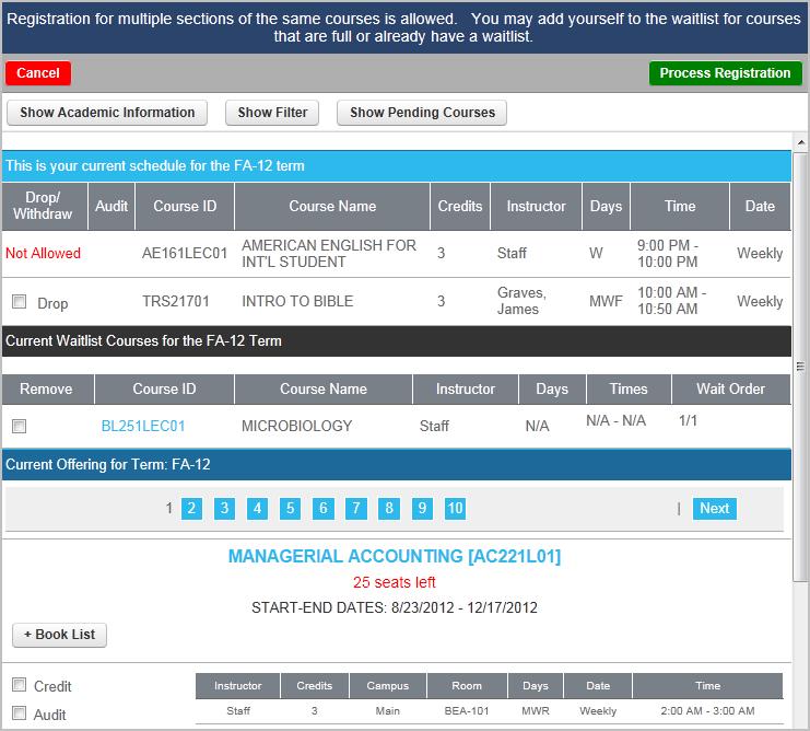 Figure 32: Unofficial Registration 2. Click Show Academic Information to display Advisor, Major, and Minor.