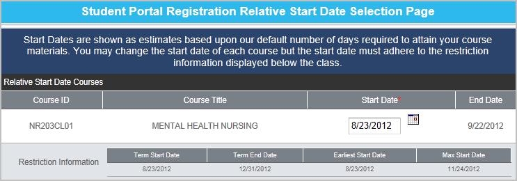 When registering courses that utilize relative start dates, such as a 30 day course within a 4 month term, clicking Process Registration will present students with an additional screen where they may