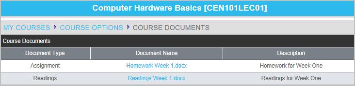 Course Documents The Course Documents section allows the student to download or view any documents or files that the
