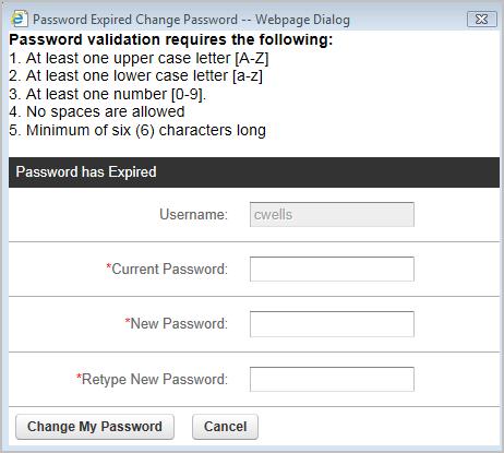 If your password has expired a Password Expired dialog box will display in which you can change your password.