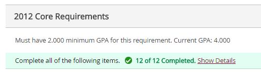 The Progress bar provides a quick glance at the completed (dark green), registered (light green), and planned (yellow) hours that are applicable to your specific degree plan.