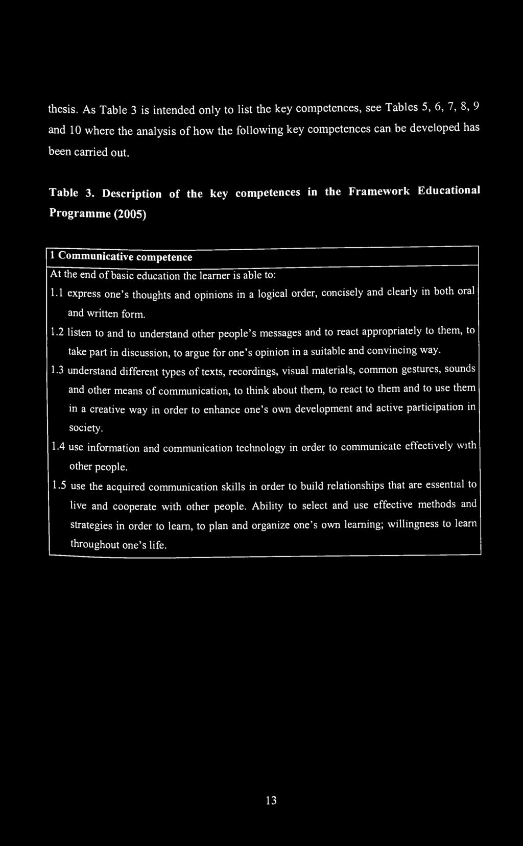 thesis. As Table 3 is intended only to list the key competences, see Tables 5, 6, 7, 8, 9 and 10 where the analysis of how the following key competences can be developed has been carried out. Table 3. Description of the key competences in the Framework Educational Programme (2005) 1 Communicative competence At the end of basic education the learner is able to: 1.