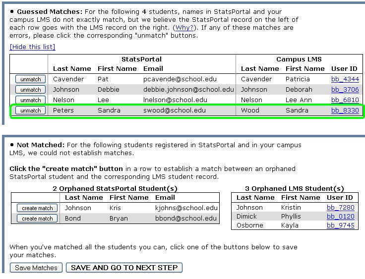 entry in the Orphaned LMS Student(s) table. The names will be connected and appear in the Guessed Matches list.