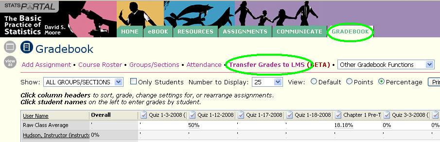 2. Go to the Gradebook tab, and then select the Transfer Grades to LMS option from the top of the screen. 3.