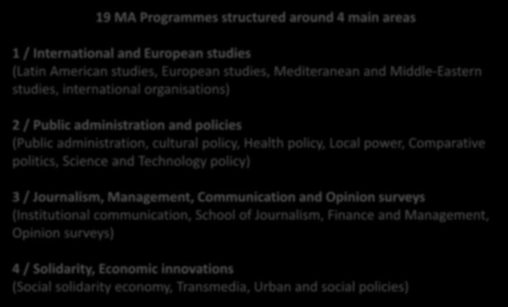 MA Programmes 19 MA Programmes structured around 4 main areas 1 / International and European studies (Latin American studies, European studies, Mediteranean and Middle-Eastern studies, international