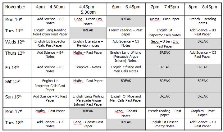 Revision Timetable Year 11 2017-2018 Remember; divide your subjects into smaller topics. Build in breaks, leisure activities and any other commitments.