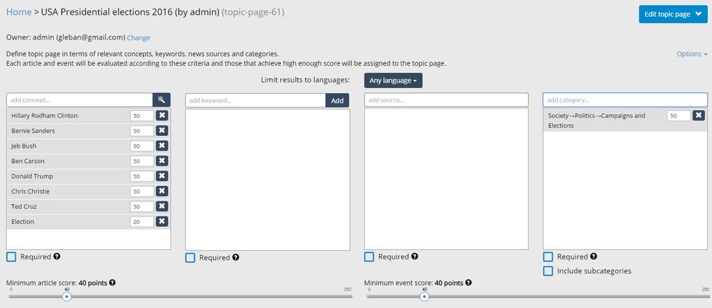 Figure 1: The interface for defining the topic page (top) and the feed of current events that match the criteria (bottom).