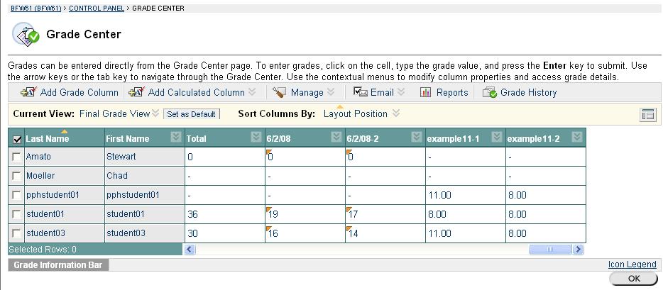 4 The Grade Center will appear and will include your newly imported i>clicker scores.