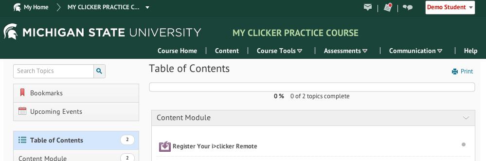 Content toolbar link in the D2L header 3.