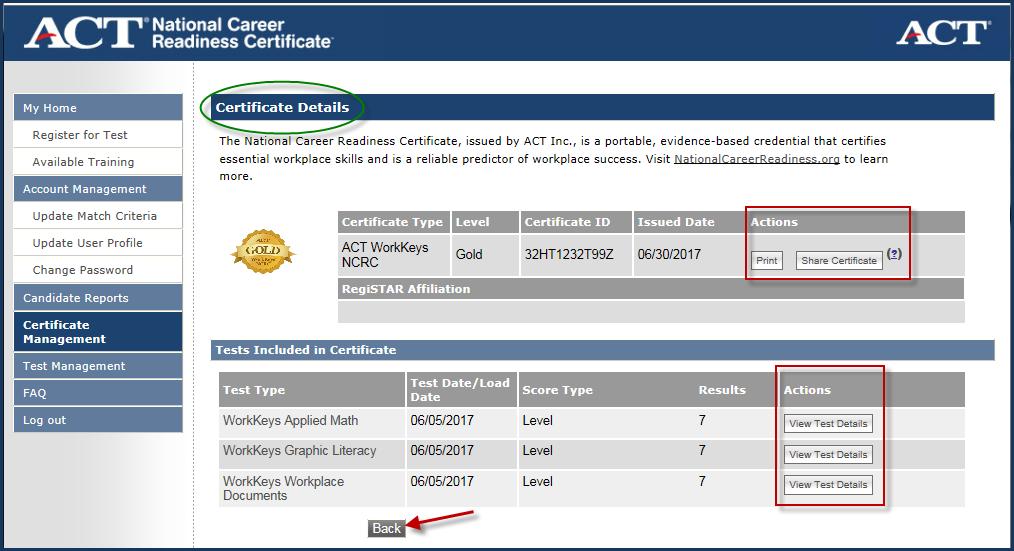 b. Level Platinum Gold Silver Bronze c. Certificate ID is a unique number assigned to your certificate. d. Actions These are explained more fully in sections below.