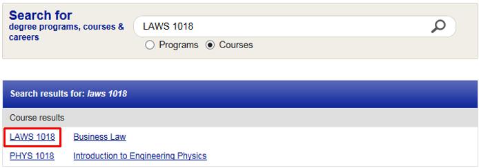 From the Course results page click on LAWS 1018 link. The Course homepage will be displayed.
