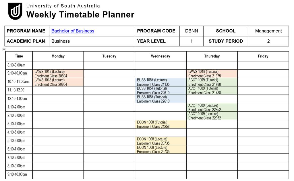 Note: Weekly Timetable Planner not required for External students.