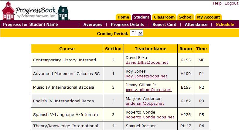 Use the drop down menus to switch between semesters. Also, you will notice that the teachers names here appear as hyperlinks; click on one to send an email to your child s teacher.