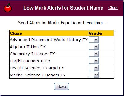 box for Low Assignment Marks. Click on the Change Settings link to enter the Low Assignment Marks threshold for which you wish to receive alerts.