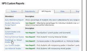 2. Under the Grades heading, click on the Gradebook vs. Stored Grades link. You will then see the report on the screen. 3. This report lists the Teacher name, the Course name, the CourseNumber.