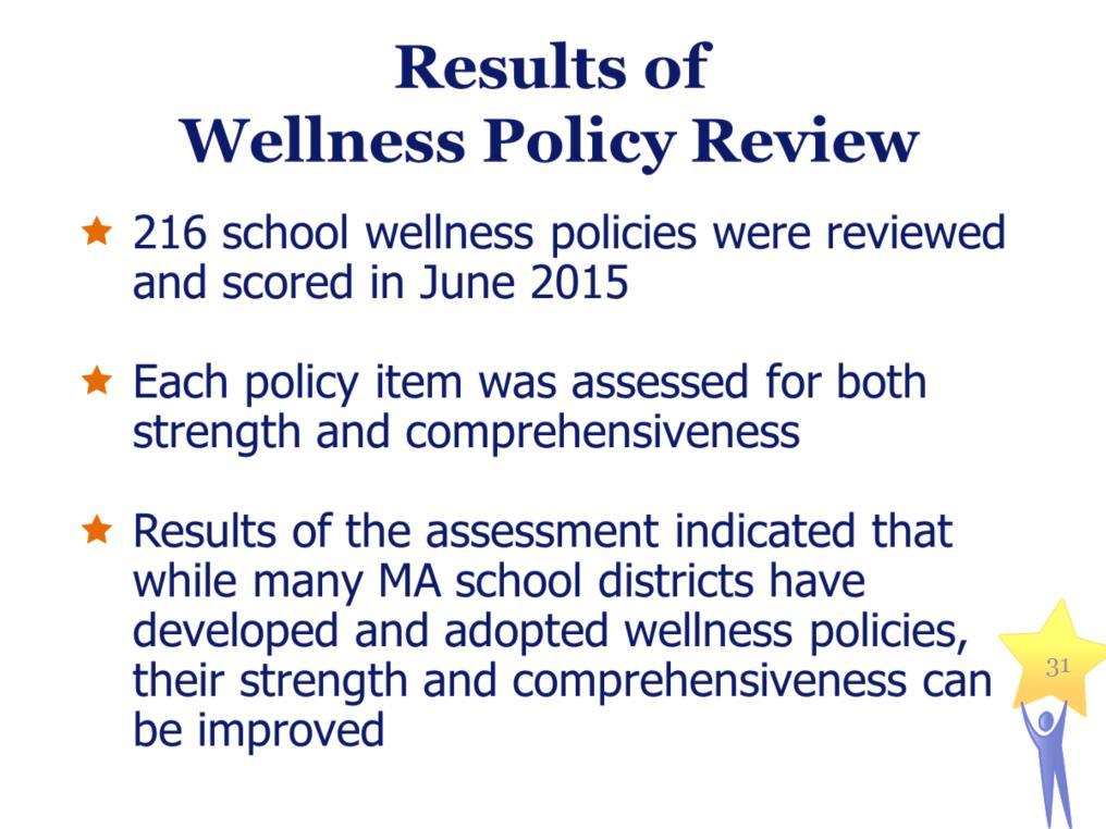 Results of Wellness Policy Review 216 school wellness policies were reviewed and scored in June 2015 Each policy item was assessed for both strength and comprehensiveness Results of