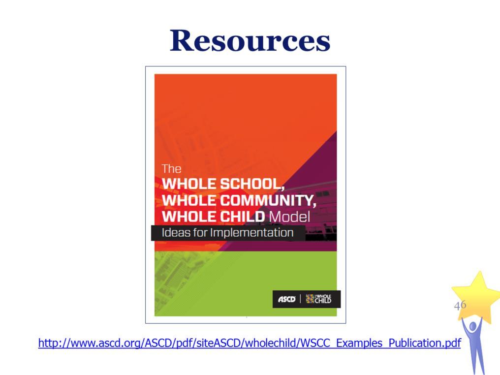 Resources: ADCD compiled this WSCC implementation resource (which includes information from more than a dozen states, two dozen large school districts, community-based groups, and many