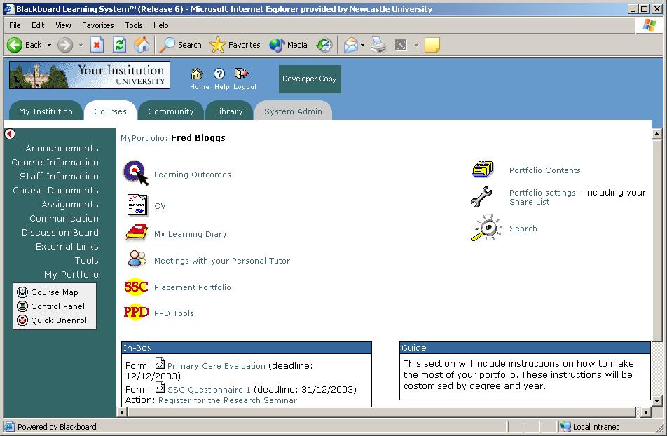 VLE either via a tab or tool bar option (Figure 11). A separate Joint Information Systems Committee (JISC) funded project at the institution is developing single-signon systems (http://iamsect.ncl.ac.