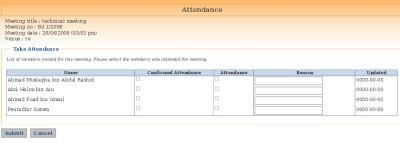 7.6 Meeting attendance 7.6.1 Klik pautan "Attendance" pada Senarai meetings. Gambarajah 13.9 : Senarai kehadiran meeting 7.6.2 Klik checkbox yang berkaitan. 7.6.3 Klik butang Submit untuk menyimpan maklumat kehadiran meeting untuk dikemaskini.
