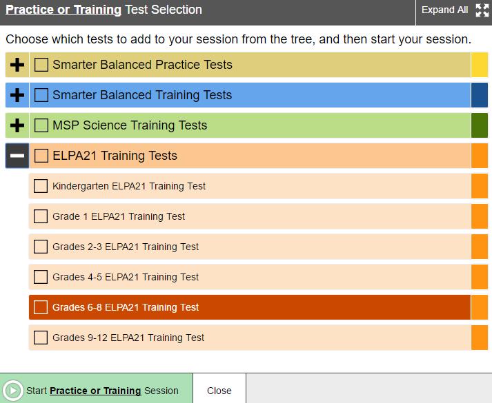 7. When you are ready to begin a test. a. In the Test Selection window, select the test(s) to administer. b. Click Start Practice or Training Session. The session ID appears at the top of the page.