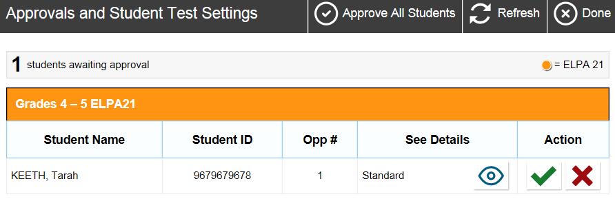 To review a student s test settings and accommodations, click in that student s row.