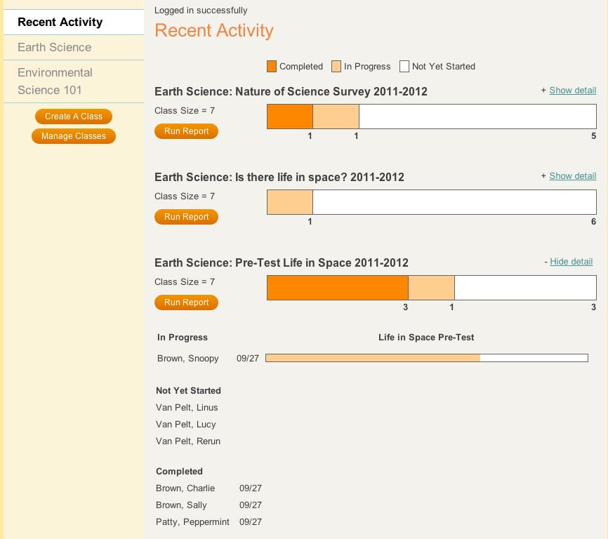 Following Student Progress Recent activity When you first log in. You will see recent activity graphs.