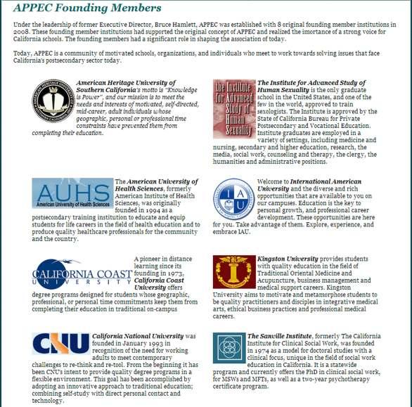 ASSOCIATION FOR PRIVATE POST SECONDARY EDUCATION IN CALIFORNIA (APPEC) APPEC was established with 8 original founding member institutions in 2008.