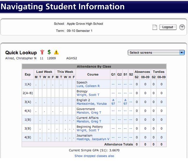 The student navigation pane on the left shows the class roster. To access the default student information page for a student click on his/her last name.