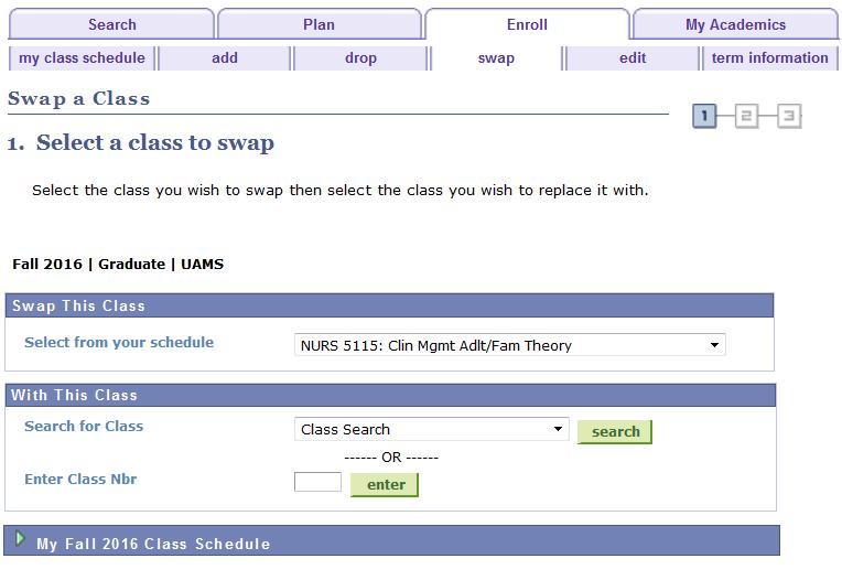 GUS Registration: Swapping Classes Step 1: Navigate to the Enrollment Page From the main portal page, select the link from the right hand menu.
