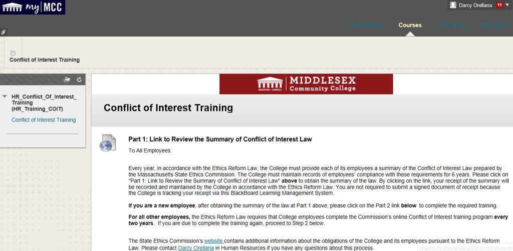 STEP 3: OBTAIN AND REVIEW THE SUMMARY OF THE CONFLICT OF INTEREST LAW After you enter the Conflict of Interest Training course, click on Part 1: Link to