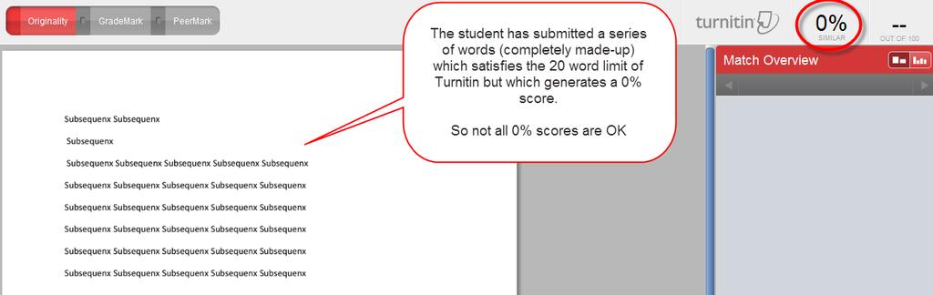 In the example below, the student simply created and submitted a document full of made-up words. This generated a 0% score.