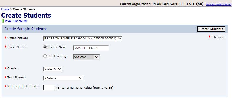 4. Next, you must designate a class name (create a new class or select an existing class from the drop down list), Grades (3 5, 6 8, High School), Test Name (PARCC Infrastructure Trial), and the